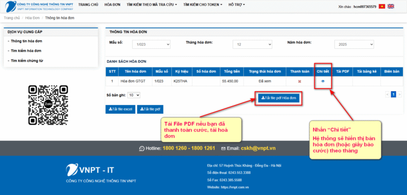 Xem chi tiết giấy báo cước VNPT