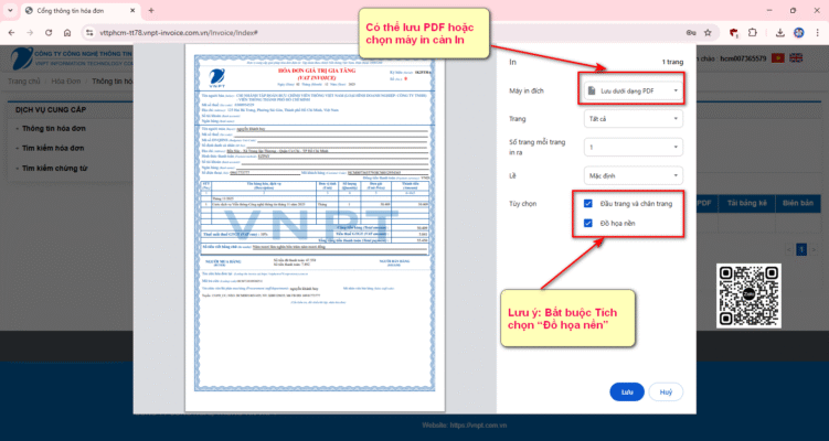 Bỏ đồ họa nền khi lưu giấy báo cước VNPT