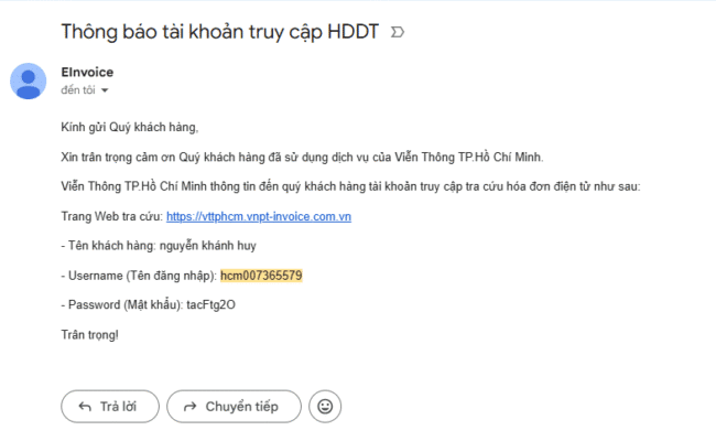 Email thông báo tài khoản tra cứu hóa đơn điện tử VNPT TP.HCM