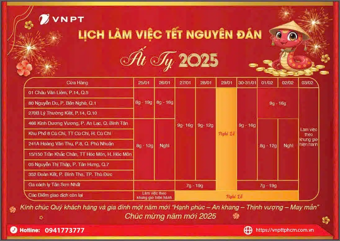 Thông báo lịch phục vụ Tết 2025 của VNPT TP. Hồ Chí Minh lich phuc vu tet 2025 cua vnpt tp ho chi minh
